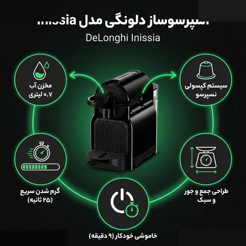 اسپرسو ساز 0.7 لیتری دلونگی مدل Inissia DeLonghi اسپرسو ساز 0.7 لیتری دلونگی مدل Inissia DeLonghi