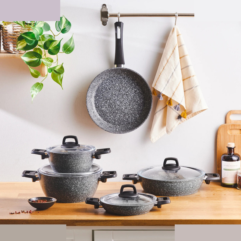 سرویس قابلمه وتابه بیوگرانیتی 9 پارچه کاراجا مدل Biogranit Grey Stone سرویس قابلمه وتابه بیوگرانیتی 9 پارچه کاراجا مدل Biogranit Grey Stone