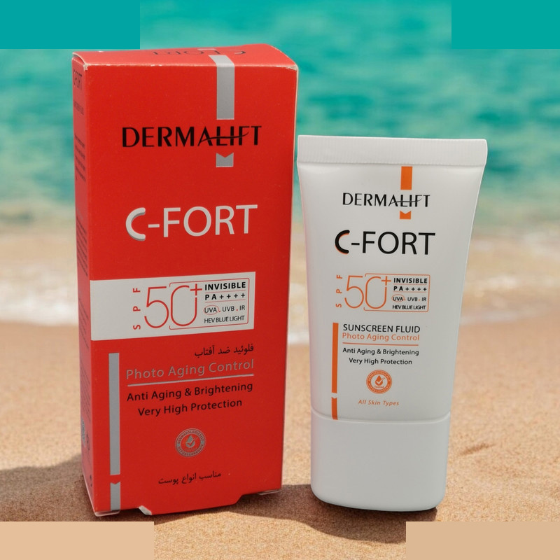 فلوئید ضد آفتاب بی رنگ درمالیفت SPF 50 مدل C-Fort مناسب انواع پوست حجم 40 میلیلیتر فلوئید ضد آفتاب بی رنگ درمالیفت SPF 50 مدل C-Fort مناسب انواع پوست حجم 40 میلیلیتر