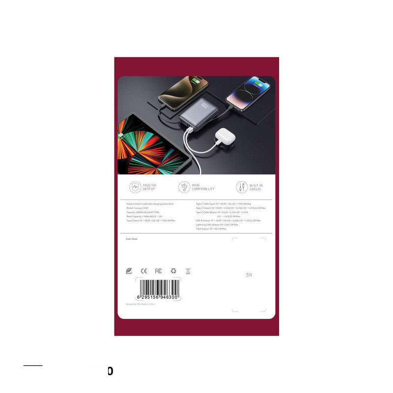 پاوربانک 22.5 وات تی سی اچ مدل Compact 2020 ظرفیت 20000 میلیآمپرساعت به همراه 2 عدد کابل USB-C / لایتنینگ پاوربانک 22.5 وات تی سی اچ مدل Compact 2020 ظرفیت 20000 میلیآمپرساعت به همراه 2 عدد کابل USB-C / لایتنینگ