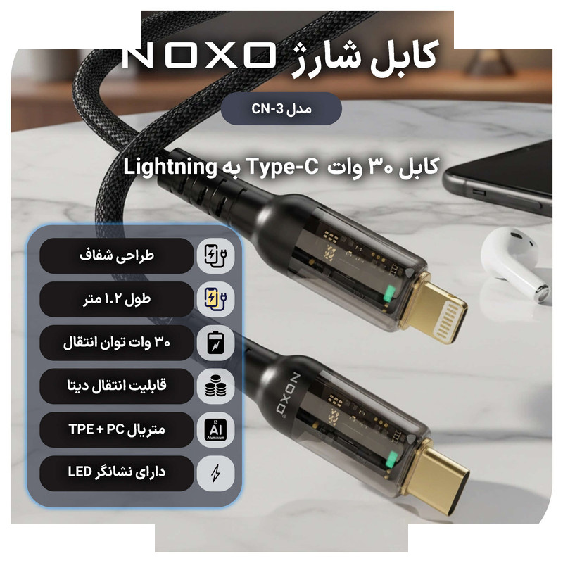 کابل شارژ و انتقال داده Type-C به لایتنینگ نوکسو مدلCN-3 طول 1.2متر کابل شارژ و انتقال داده Type-C به لایتنینگ نوکسو مدلCN-3 طول 1.2متر