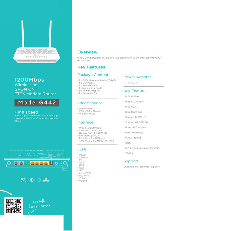 مودم روتر Gpon-ONT یوتل مدل G442 مودم روتر Gpon-ONT یوتل مدل G442