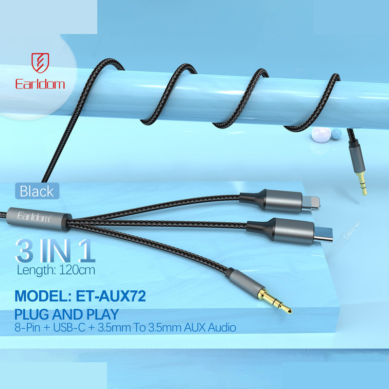 کابل تبدیل AUX به لایتنینگ / USB-C / AUX ارلدام مدل AUX72 طول 1.2 متر