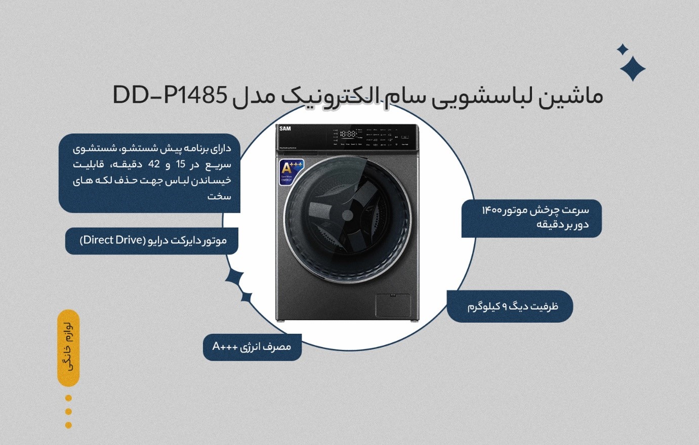 ماشین لباسشویی سام الکترونیک 9 کیلویی مدل DD-P1485