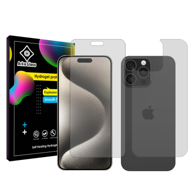 محافظ صفحه نمایش شفاف گوشی اپل iPhone 15 Pro Max آرکا گلس مدل Tough به همراه محافظ پشت گوشی