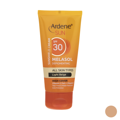 کرم ضد آفتاب رنگی آردن سان، SPF 30، مدل Light Beige، مناسب انواع پوست با تنالیته روشن و حجم 50 میلی‌لیتر، ضد آب، محافظت‌کننده در برابر اشعه‌های UVA و UVB، ضد لک، دارای فرمولاسیون ویتامین‌های C و E، با ماندگاری 2 ساعته