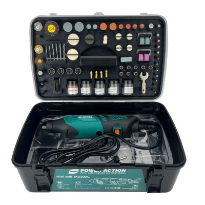 فرز مینیاتوری دیمردار پاوراکشن مدل MD200C مجموعه 218 عددی 3.2 میلیمتر توان 200 وات فرز مینیاتوری دیمردار 3.2 میلیمتر توان 200 وات پاوراکشن مدل MD200C مجموعه 218 عددی