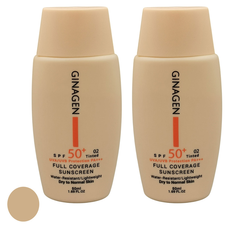 کرم ضد آفتاب رنگی ژیناژن SPF 50 مدل 02 محافظتکننده در برابر اشعههای UVA و UVB مناسب پوستهای خشک و نرمال مجموعه حجم 50 میلی لیتر مجموعه دو عددی