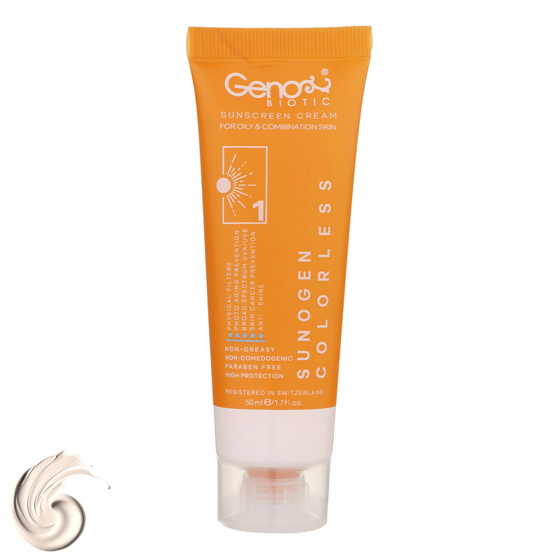 کرم ضدآفتاب بیرنگ ژنوبایوتیک SPF50 مدل 01، مناسب پوستهای مختلط و چرب، حجم 50 میلیلیتر کرم ضدآفتاب بیرنگ ژنوبایوتیک SPF50 مدل 01، مناسب پوستهای مختلط و چرب، حجم 50 میلیلیتر