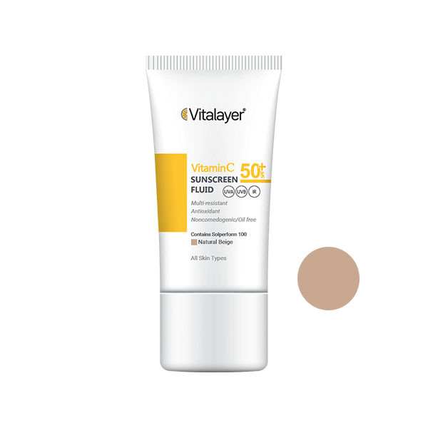 کرم ضد آفتاب رنگی ویتالیر، SPF 50، مدل ویتامین سی، مناسب انواع پوست با تنالیته متوسط و حجم 50 میلیلیتر، ضد آب، مرطوبکننده، غیر کومدونزا، محافظتکننده در برابر اشعههای UVA و UVB، ویتامین C و آنتی اکسیدان، با ماندگاری 2 ساعته