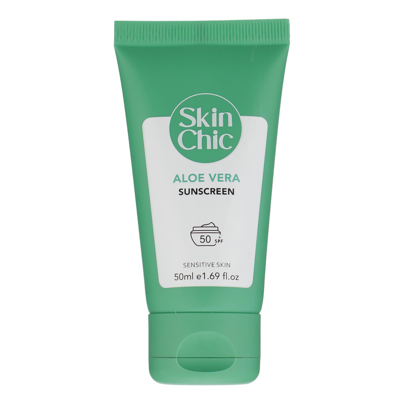 کرم ضد آفتاب بدون رنگ اسکین شیک SPF 50 مدل Aloe Vera  مناسب پوستهای حساس حجم 50 میلیلیتر