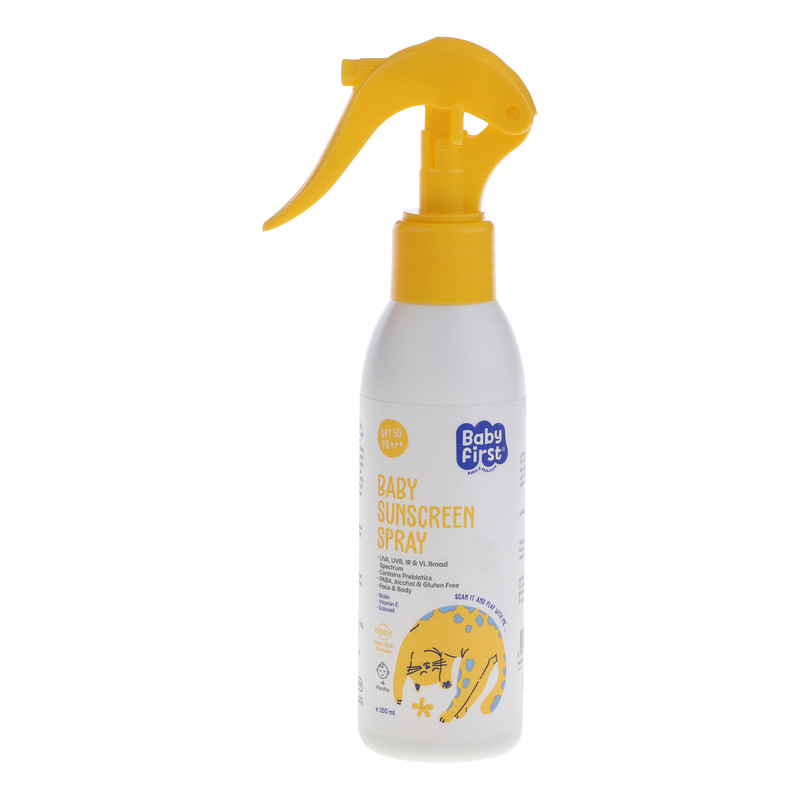 اسپری ضد آفتاب بدون رنگ بیبی فرست SPF 50 مدل پروبیوتیک محافظت کننده در برابر اشعه UVB,UVA با PA+++ مناسب پوستهای معمولی حجم 150 میلیلیتر
