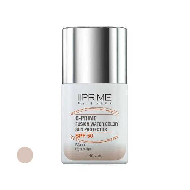 فلوئید ضد آفتاب رنگی پرایم، SPF 50، مدل فیوژن واتر، مناسب انواع پوست  با تنالیته روشن و حجم 40 میلی لیتر، محافظتکننده در برابر  اشعههای PA++++ ،UVA ،UVB، دارای فرمولاسیون فاقد چربی، ویتامین سی و آنتی اکسیدان، با ماندگاری 4 ساعته