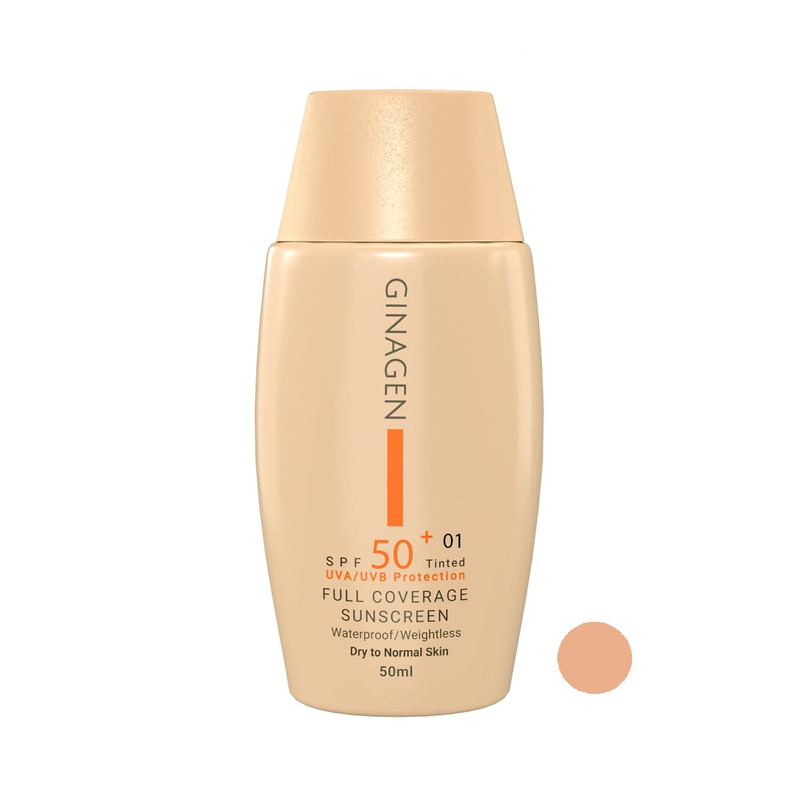 کرم ضد آفتاب رنگی ژیناژن، SPF 50، مدل 01، مناسب پوستهای خشک و نرمال با تنالیته متوسط و حجم 50 میلیلیتر، ضد آب، فاقد پارابن، محافظتکننده در برابر اشعههای UVA و UVB، ارای فرمولاسیون بدون الکل و گلیسیرین غنی شده با ویتامین E، با ماندگاری 4 ساعته