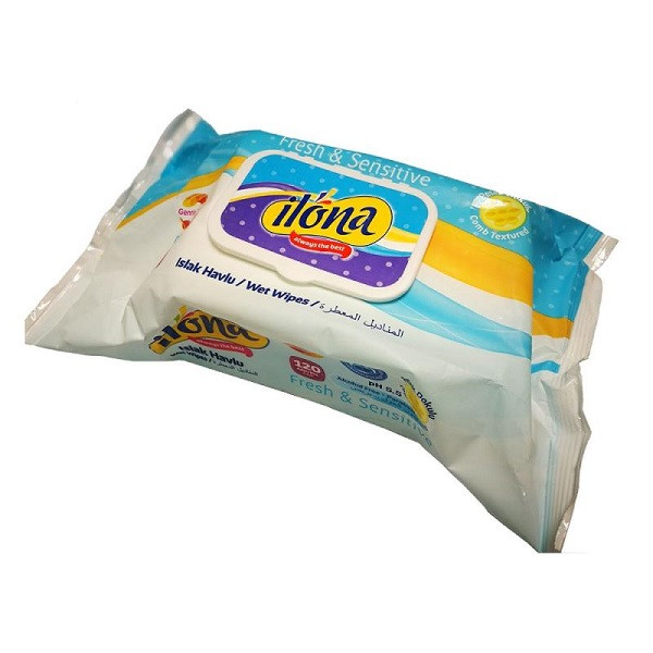 دستمال مرطوب پاک کننده آرایش ایلونا مدل Fresh & Sensitive بسته 120 برگی رنگ آبی