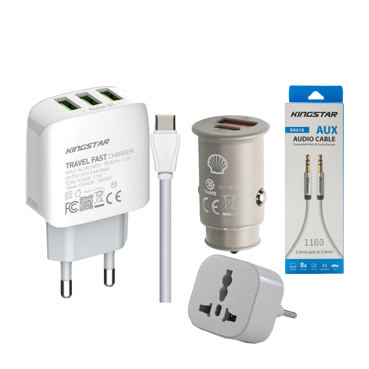 شارژر دیواری کینگ استار مدل KW163A به همراه هدیه شارژر فندکی و تبدیل 3 به 2 برق و کابل AUX شارژر دیواری کینگ استار مدل KW163A به همراه هدیه شارژر فندکی و تبدیل 3 به 2 برق و کابل AUX-small-image