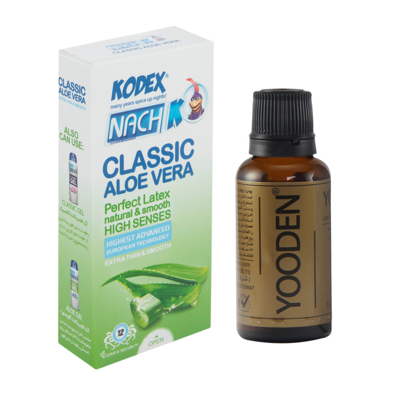 کاندوم ناچ کدکس مدل ALOE VERA بسته 12 عددی به همراه روغن یودن کد 01 حجم 30 میلی لیتر کاندوم ناچ کدکس مدل ALOE VERA بسته 12 عددی به همراه روغن یودن کد 01 حجم 30 میلی لیتر
