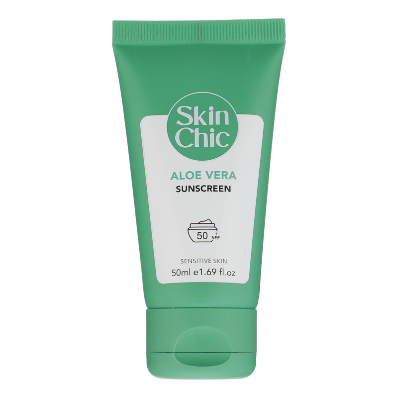 کرم ضد آفتاب بدون رنگ اسکین شیک SPF 50 مدل Aloe Vera  مناسب پوست های حساس حجم 50 میلیلیتر