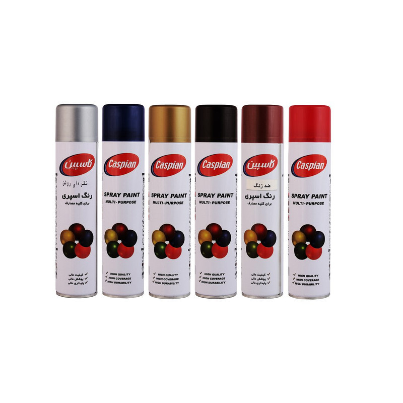 اسپری رنگ مشکی و طلایی و سرمه ای و نقره ای و قرمز آتشین و ضد زنگ اخرایی کاسپین مدل Cas6 حجم 300 میلی لیتر مجموعه 6 عددی اسپری رنگ مشکی و طلایی و سرمه ای و نقره ای و قرمز آتشین و ضد زنگ اخرایی کاسپین مدل Cas6 حجم 300 میلی لیتر مجموعه 6 عددی