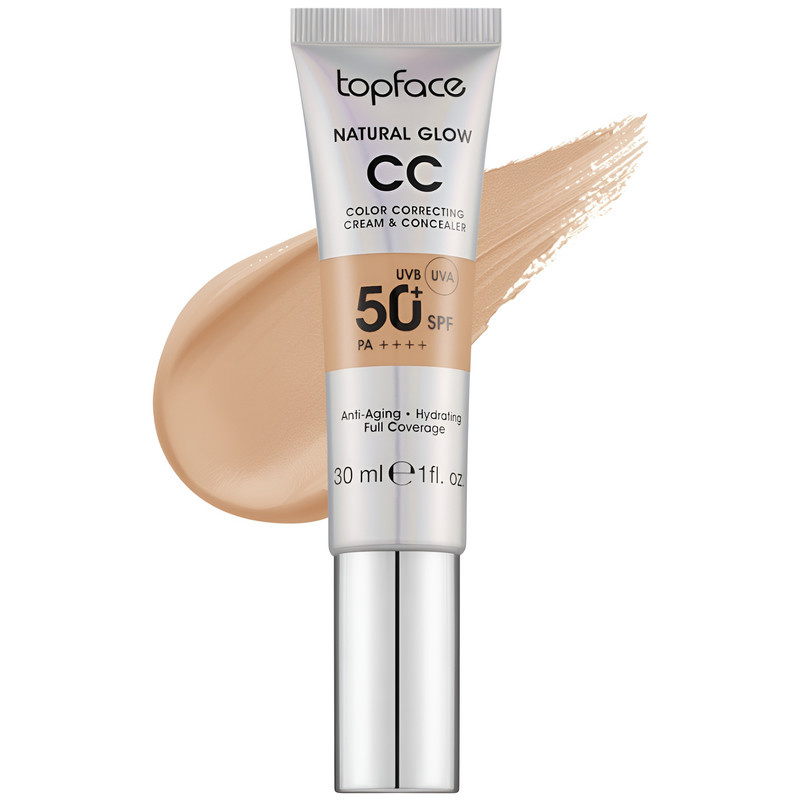 کرم پودر CC مایع +SPF50 تاپ فیس مدل NATURAL GLOW شماره 003 مناسب برای انواع پوست حجم 30 میلی لیتر کرم پودر CC مایع +SPF50 تاپ فیس مدل NATURAL GLOW شماره 003 مناسب برای انواع پوست حجم 30 میلی لیتر