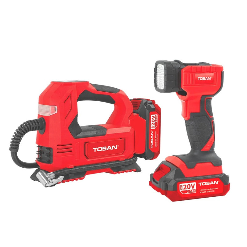 کیت کمپرسور فندکی شارژی و چراغ قوه شارژی 20 ولت توسن مدل 9799K با کیف برزنتی