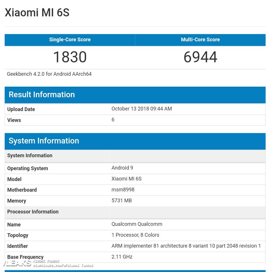 گیکبنچ mi 6s