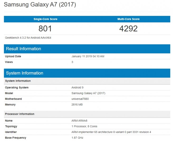 گیکبنچ گوشی A7 2017