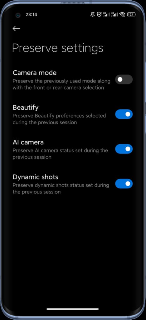 ذخیره‌ی آخرین تنظیمات دوربین در رابط کاربری Miui 13