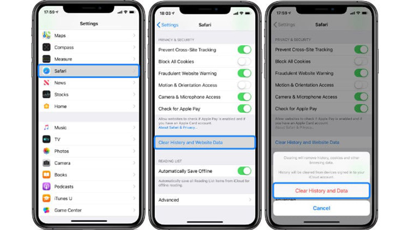 Clear History and Website Data ایفون