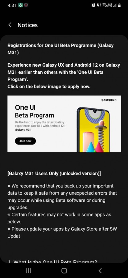 One ui 4.1 برای گوشی M31