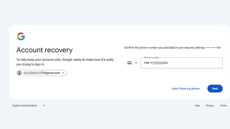 بازیابی رمز جیمیل با شماره تلفن