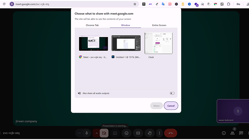 نحوه اشتراک گذاری اسکرین در نسخه وب گوگل میت 2